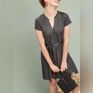 NWT Anthropologie Tiny Stone Harbor Belted Eyelet High Low Shirt Dress, Gray, L
